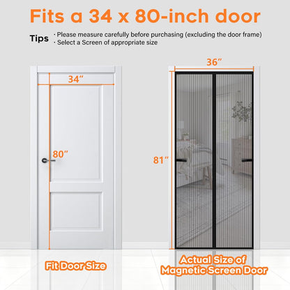 Magnetic Screen Door, Screen Door Mesh, Heavy-Duty Mesh Curtain, Door Net Keep Bugs Out, Hands Free Partition, Screen Size 38” × 83”, Fits 36” × 82” Doors, Pet & Kid Friendly, Black