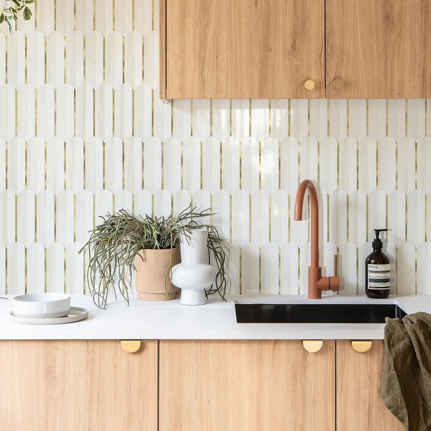 Vamos Peel and Stick Backsplash Seamless Tile for Kitchen and Bathroom,White and Beige Slate PVC Mixed Light Gold Self Adhesive Fish Scale Metal Mosaic Tiles (10 Sheets)