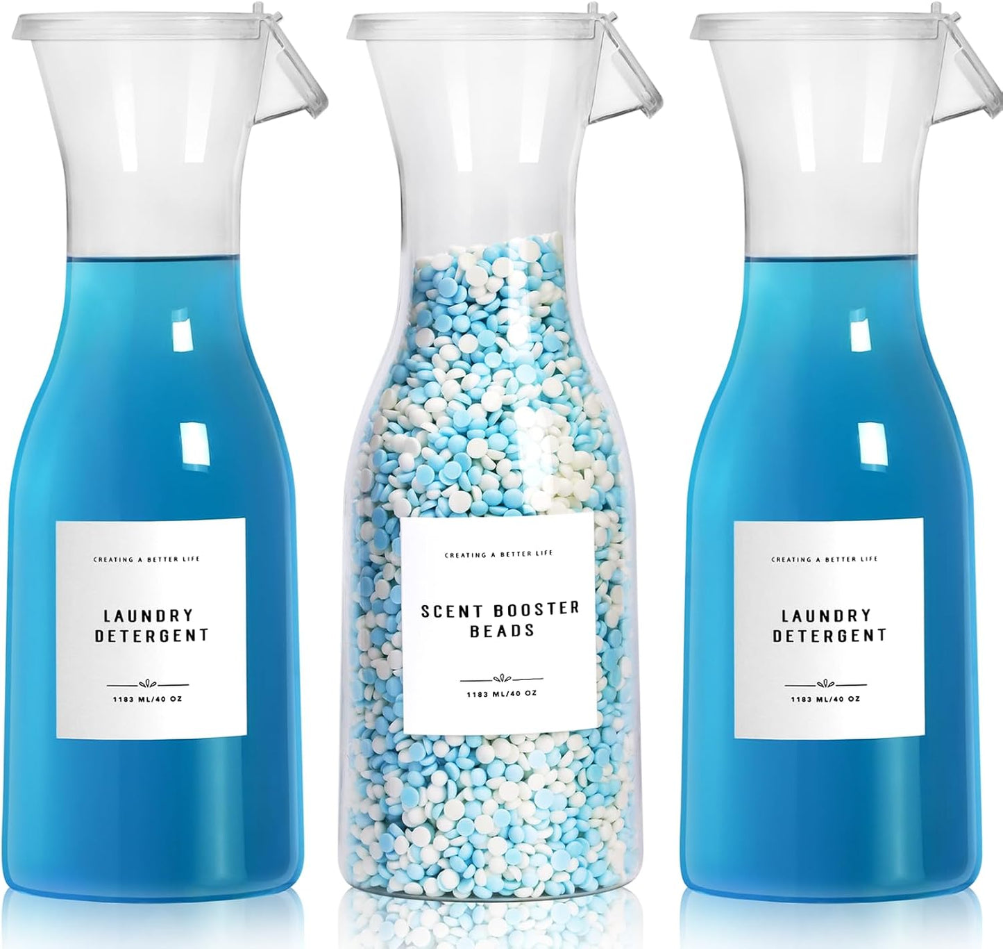 Laundry Detergent Dispenser Bottle 40oz with Waterproof Label for Laundry Detergent Soap Fabric Softener Bleach Scent Booster Beads, Sturdy PET Bottle for Laundry Room Decor 2 Pack White