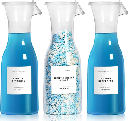 Laundry Detergent Dispenser Bottle 40oz with Waterproof Label for Laundry Detergent Soap Fabric Softener Bleach Scent Booster Beads, Sturdy PET Bottle for Laundry Room Decor 2 Pack White