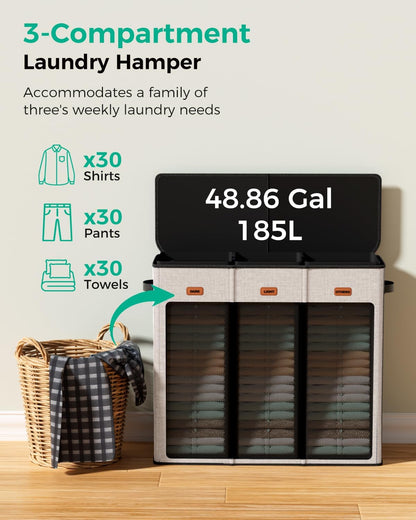 185L Laundry Hamper 3 Section with Lid & Removable Bags | Collapsible laundry basket organizer for laundry room, bedroom & dorm with 3 removable washing bags