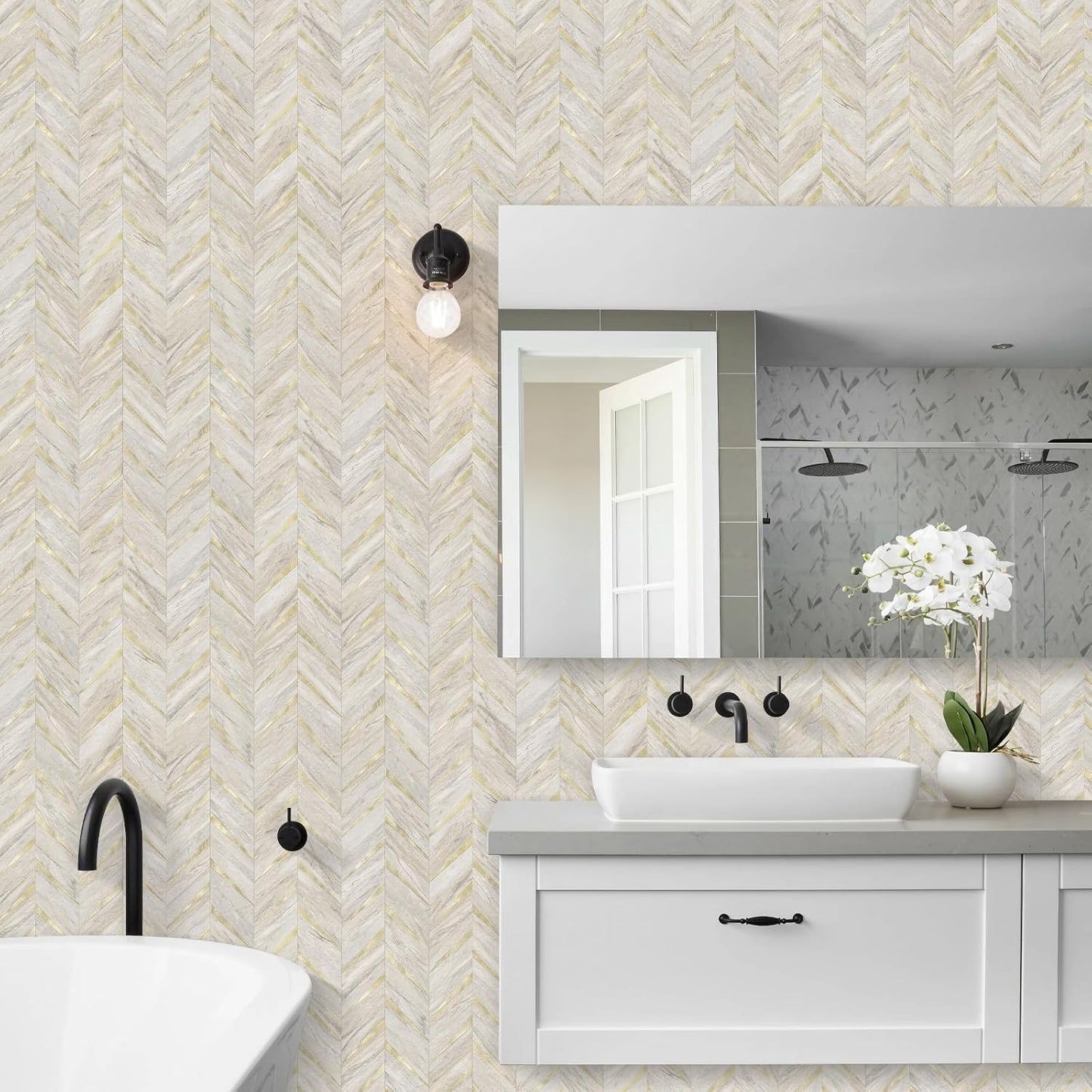 STICKGOO 10-Sheet Herringbone Tile Peel and Stick Backsplash, Beige Mixed Metal Gold PVC Stick on Backsplash, Self Adhesive Wall Tile for Kitchen and Bathroom