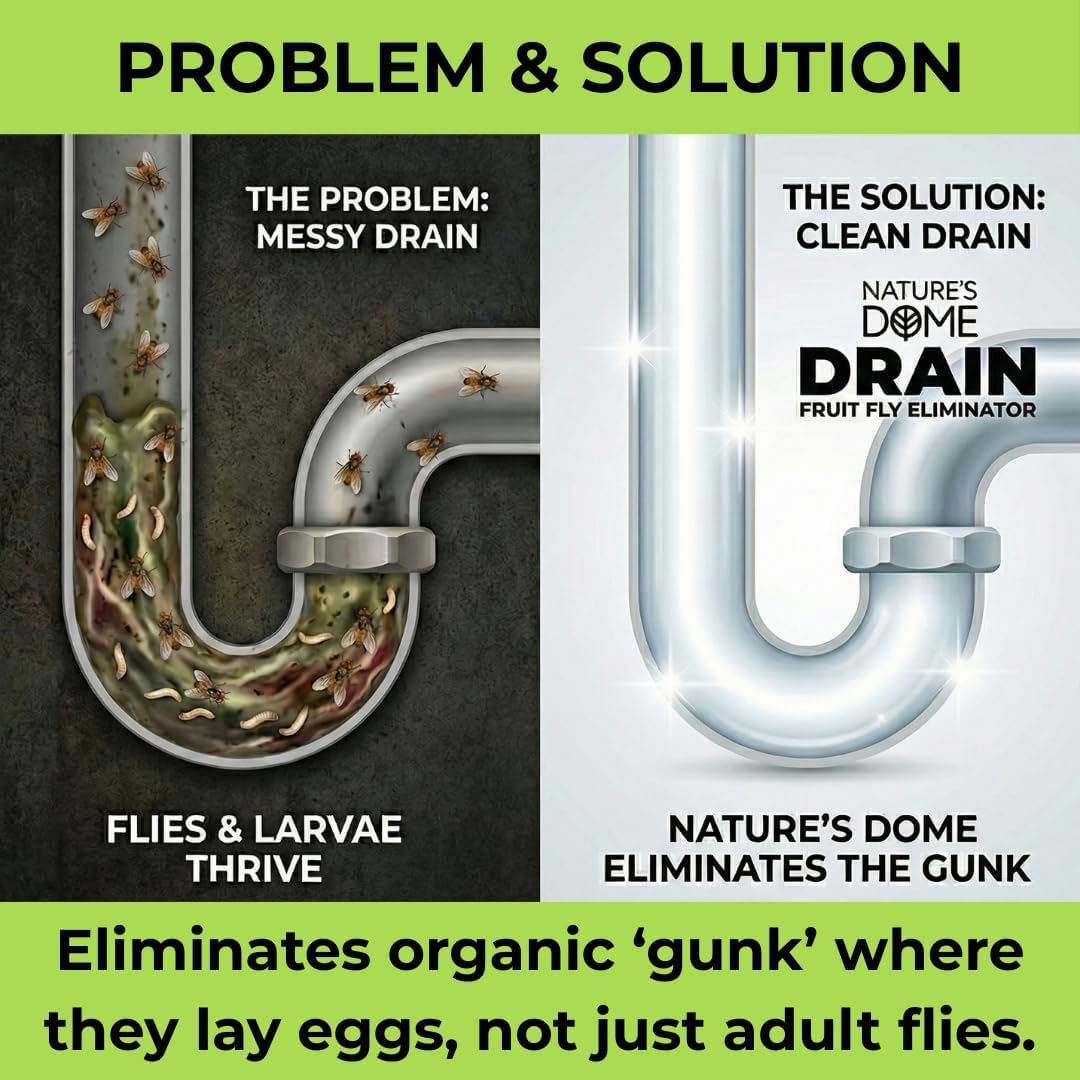 Nature’s Dome Drain Fly Killer Gel | Kills & Prevents Drain Flies & Fruit Flies | Natural Plant-Based Fly Killer Treatment Indoor for Sinks & Pipes | Safe for Septic Systems | 32 Oz