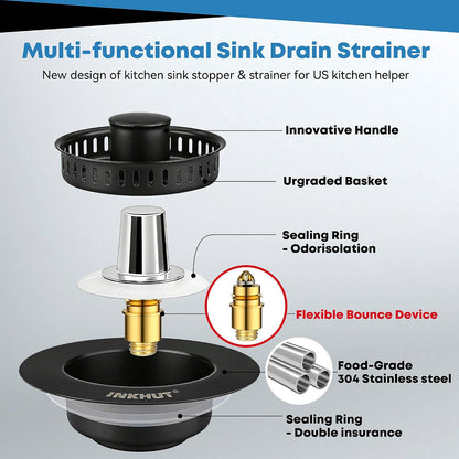 Upgraded 3 in 1 Kitchen Sink Drain Strainer - Stainless Steel Sink Stopper, Anti-Clogging Sink Food Catcher Basket, Fast Drainage Odor Filter Sink Plug for US Standard 3 1/2 inch Drain (Silver-1Pack)