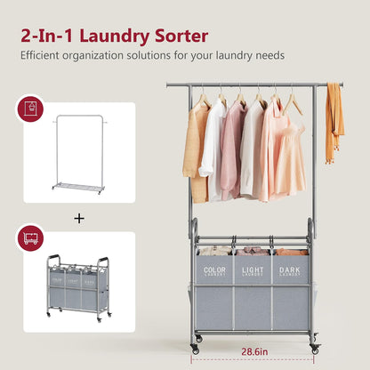 Tajsoon Laundry Hamper with Hanging Rack, 3 Section Laundry Sorter with Heavy Duty Lockable Wheels, Laundry Basket Organizer for Dirty Clothes Storage, 3 Beige