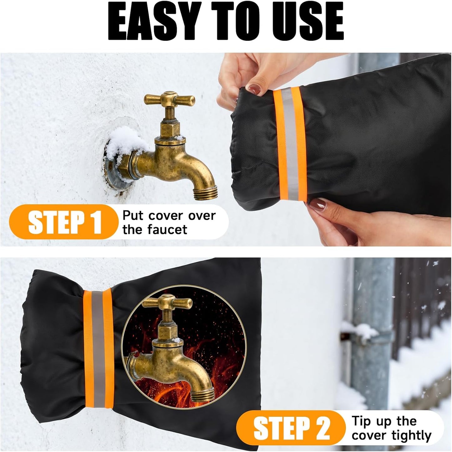 2 Pack Outdoor Faucet Covers for Winter, 6.7" W x 8.3" H Outdoor Water Faucet Cover Socks for Winter Freeze Protection Pipe Reusable Waterproof Insulated Spigot Covers with Reflective Strips, Black