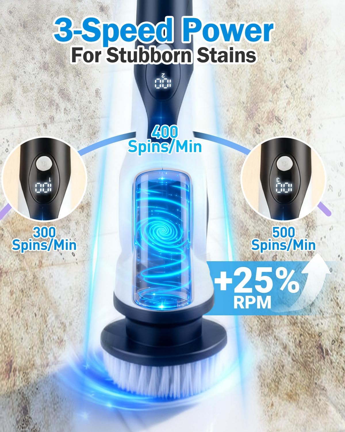 Electric Spin Scrubber, 3-Speed Shower Scrubber with Long Handle & 10 Replaceable Brush Heads, Cordless Full-Body IPX7 Waterproof Shower Cleaner Brush with 90 Mins Runtime for Bathroom