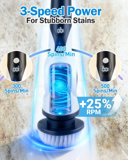 Electric Spin Scrubber, 3-Speed Shower Scrubber with Long Handle & 10 Replaceable Brush Heads, Cordless Full-Body IPX7 Waterproof Shower Cleaner Brush with 90 Mins Runtime for Bathroom
