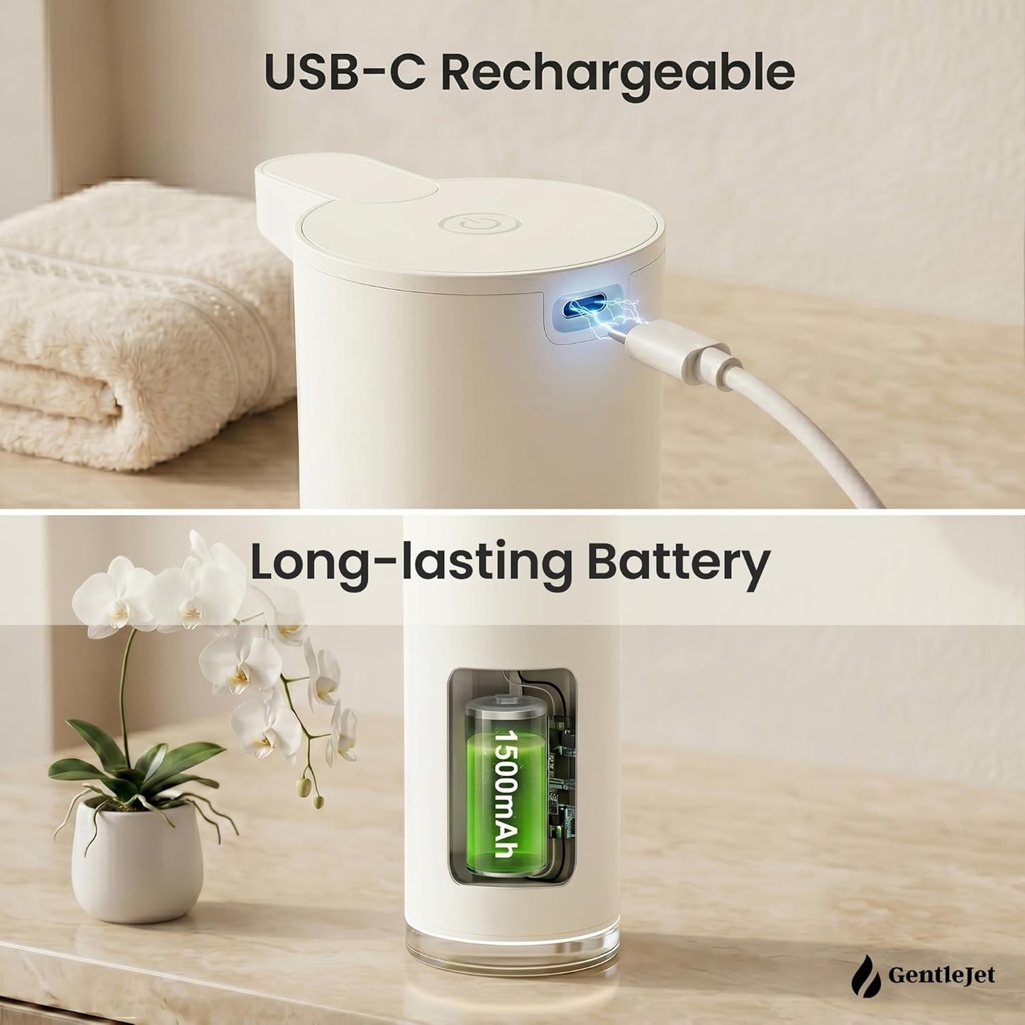 GentleJet EasyFoam Automatic Foaming Soap Dispenser Touchless Sensor, USB-C Rechargeable, 304 Stainless Steel, IPX5 Waterproof for Bathroom Kitchen Sink, 280 ml