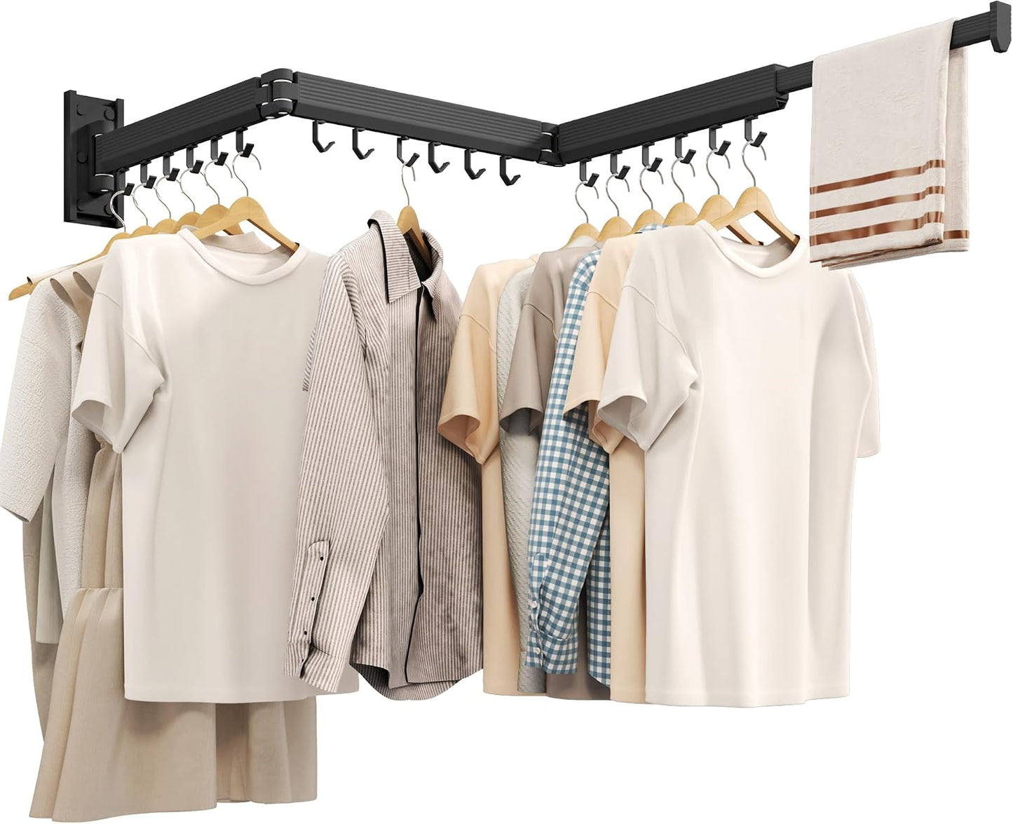 Wall Mounted Tri-Fold Clothes Drying Rack, Heavy Duty Collapsible Laundry Drying Rack, Space-Saving Retractable Foldable Drying Rack Clothes for Laundry Room Balcony Bathroom,Black-Hooks