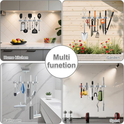 HANZENMA Broom Holder Wall Mount, Broom Organizer Wall Mount Stainless Steel Broom and Mop Hanger Heavy Duty Storage Organization for Home Kitchen Garden Garage Room 5 Racks 4 Hooks
