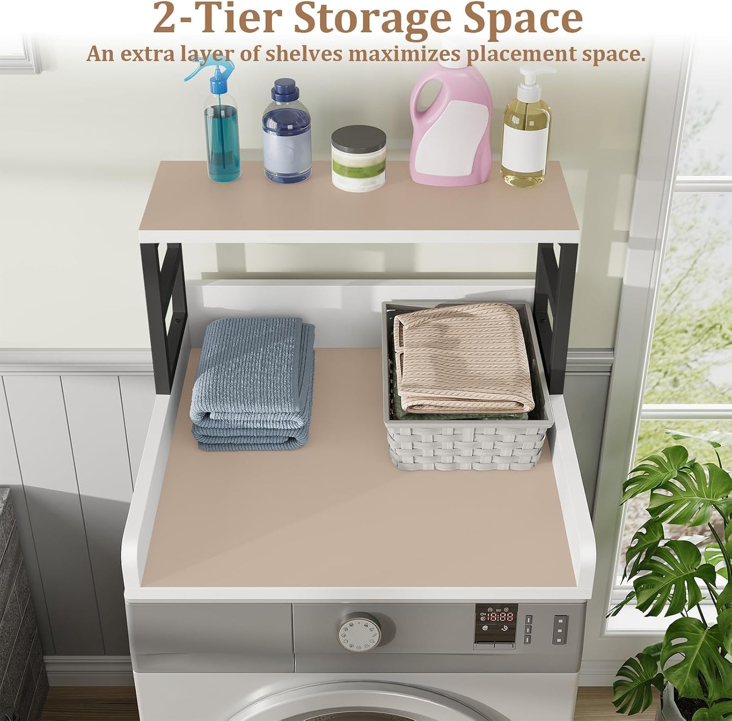 Washer Dryer Countertop with Shelf, 23.62″D x 23.62″W x 16.57″H, Countertop for Washer and Dryer Top with Non-Slip Pads and Edge Rails, Laundry Room Storage and Organization(Black)