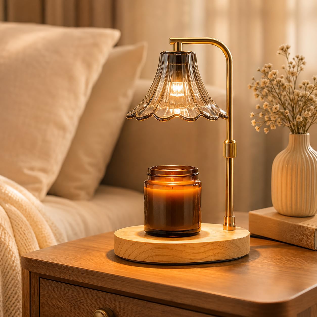 Candle Warmer Lamp with Timer, Dimmer, Vintage Glass Shade | Adjustable height, 2/4/8-hour timer, wood base, 2 bulbs included
