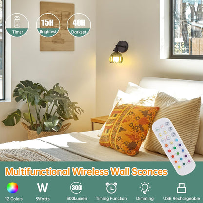 Shenmoyl Vintage Battery Operated Wall Sconce with Transparent Tulip Glass Lampshade Rechargeable Battery Powered Wall Light with Remote Control for Bedside Bedroom Doorway, Set of 2