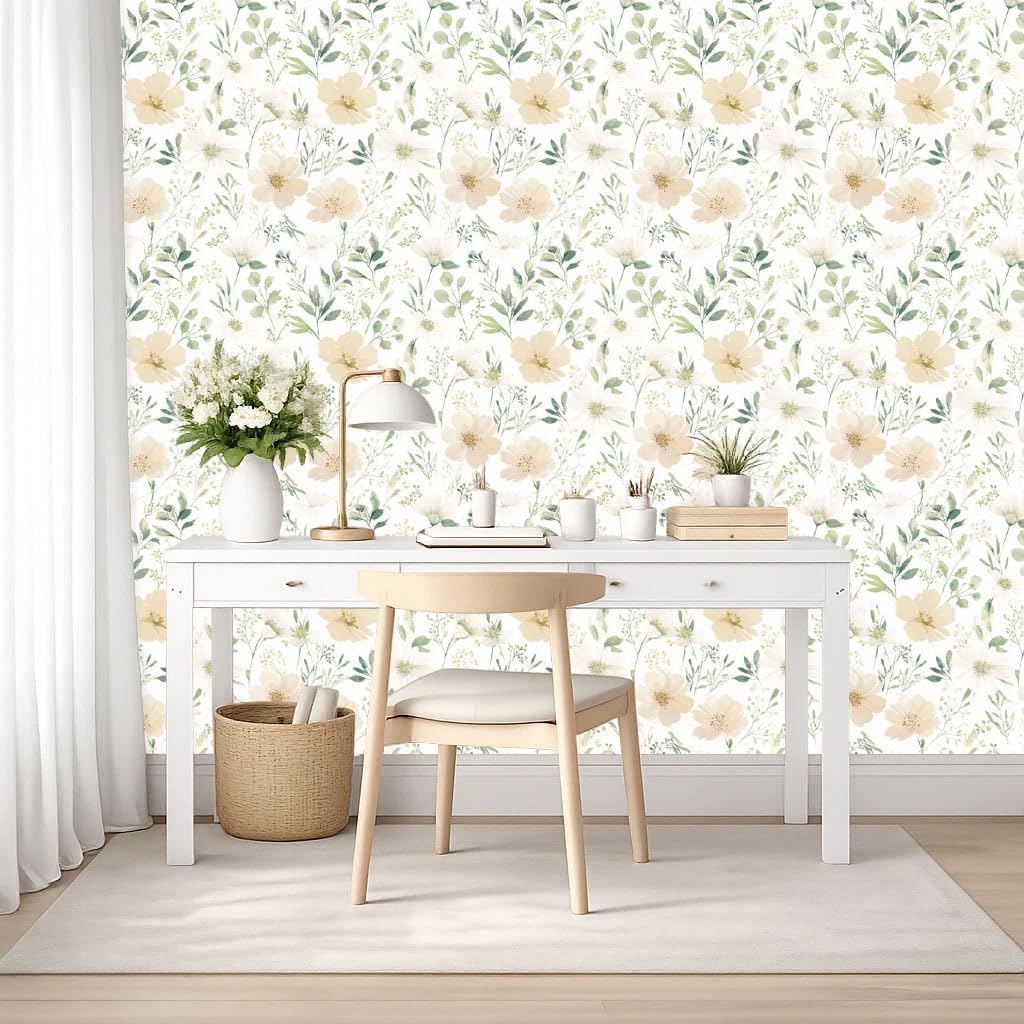 Sage Green Floral Peel and Stick Wallpaper Self Adhesive Removable Modern for Bedroom Accent Wall Renter Friendly Thick Watercolor Natural Flower Wallpaper 17.7" x 118"