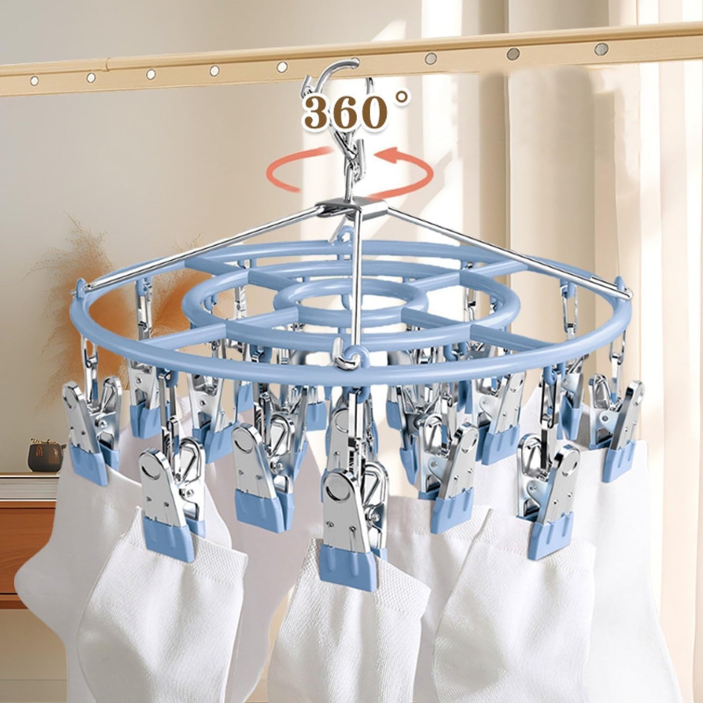 Drying Rack for Sock, Stainless Steel Sock Drying Rack with 24 Clips, Swivel Hook Windproof Hanger for Sock, Bras, Towel, Underwear, Laundry, Hat, Scarf, Pants, Gloves(Pink)