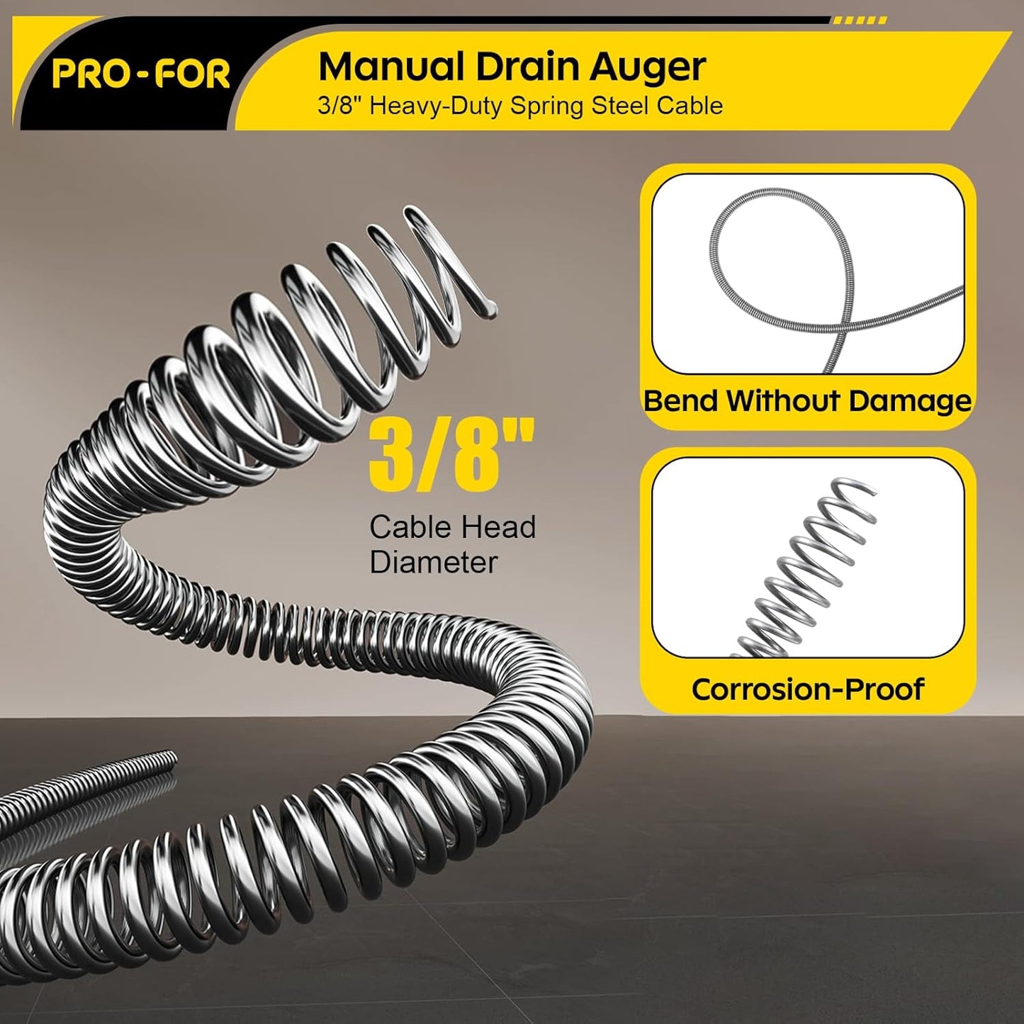 25FT Handheld Drain Auger, Heavy Duty Plumbing Snake for Clogged Drains, 3/8 Inch Diameter Manual Drain Cleaner for Sink, Bathtub, Shower & Kitchen Pipes