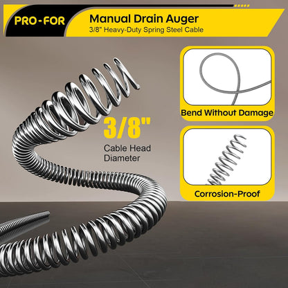 25FT Handheld Drain Auger, Heavy Duty Plumbing Snake for Clogged Drains, 3/8 Inch Diameter Manual Drain Cleaner for Sink, Bathtub, Shower & Kitchen Pipes