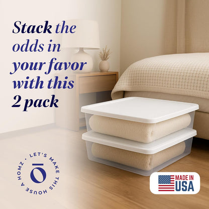 HOMZ 2-Pack Snaplock, Small Clear Plastic Storage Organizer Bins w/ Lids, 28 Quart, Gray - Stackable Container Boxes for Bedroom, Bathroom, Garage, and Office Organization