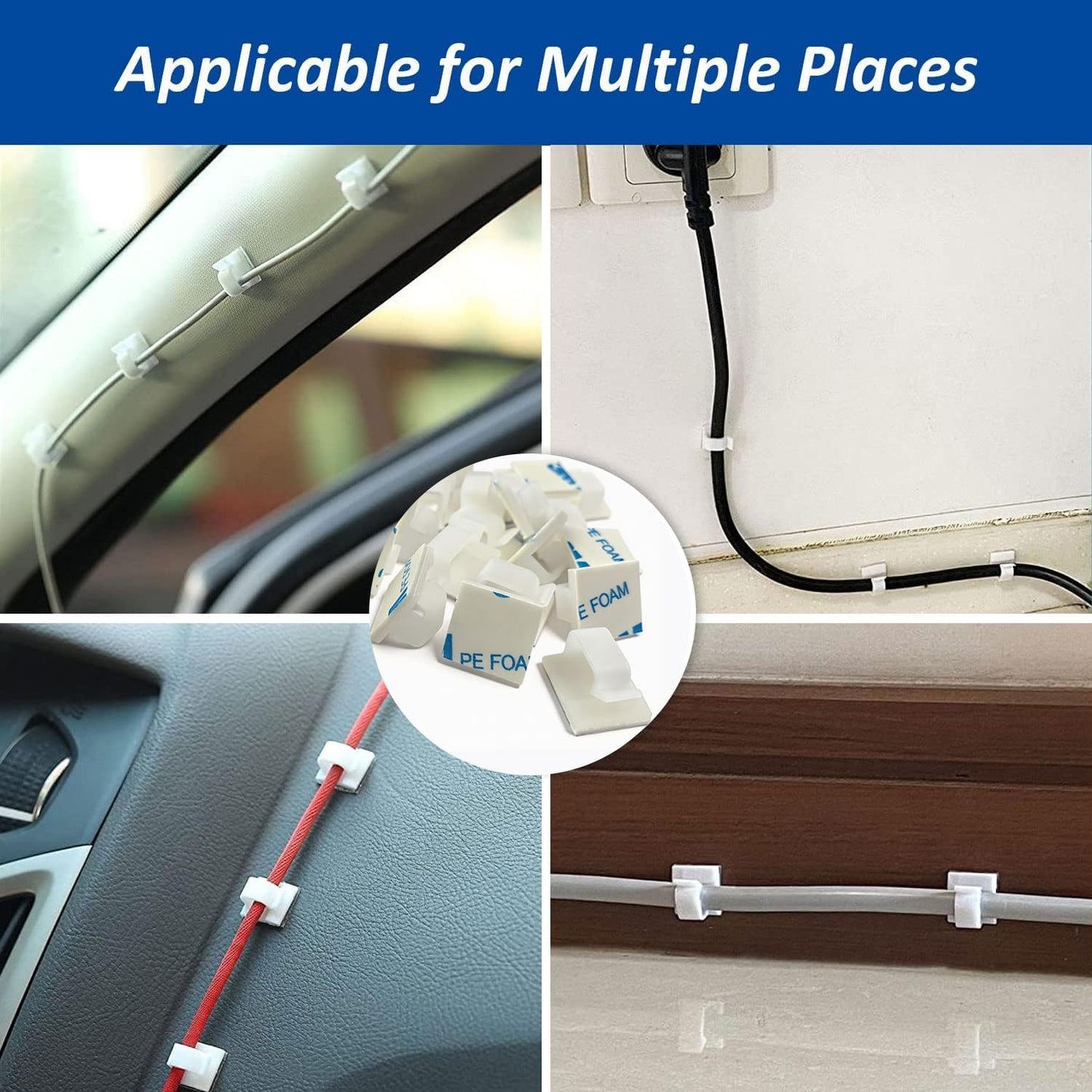 150 PCS Adhesive Cable Wire Clips Black, Outdoor Cable Management Wire Organizer Cord Holder for Under Desk, Car, Wall, TV PC Ethernet Cable (Black)