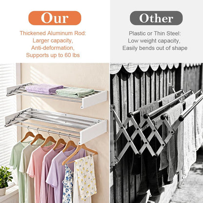 Foldable Wall Mounted Clothes Drying Rack 32’’, Retractable Laundry Room Drying Rack Clothing, Hidden Space Saver with Wall Template, 5 Rods, White