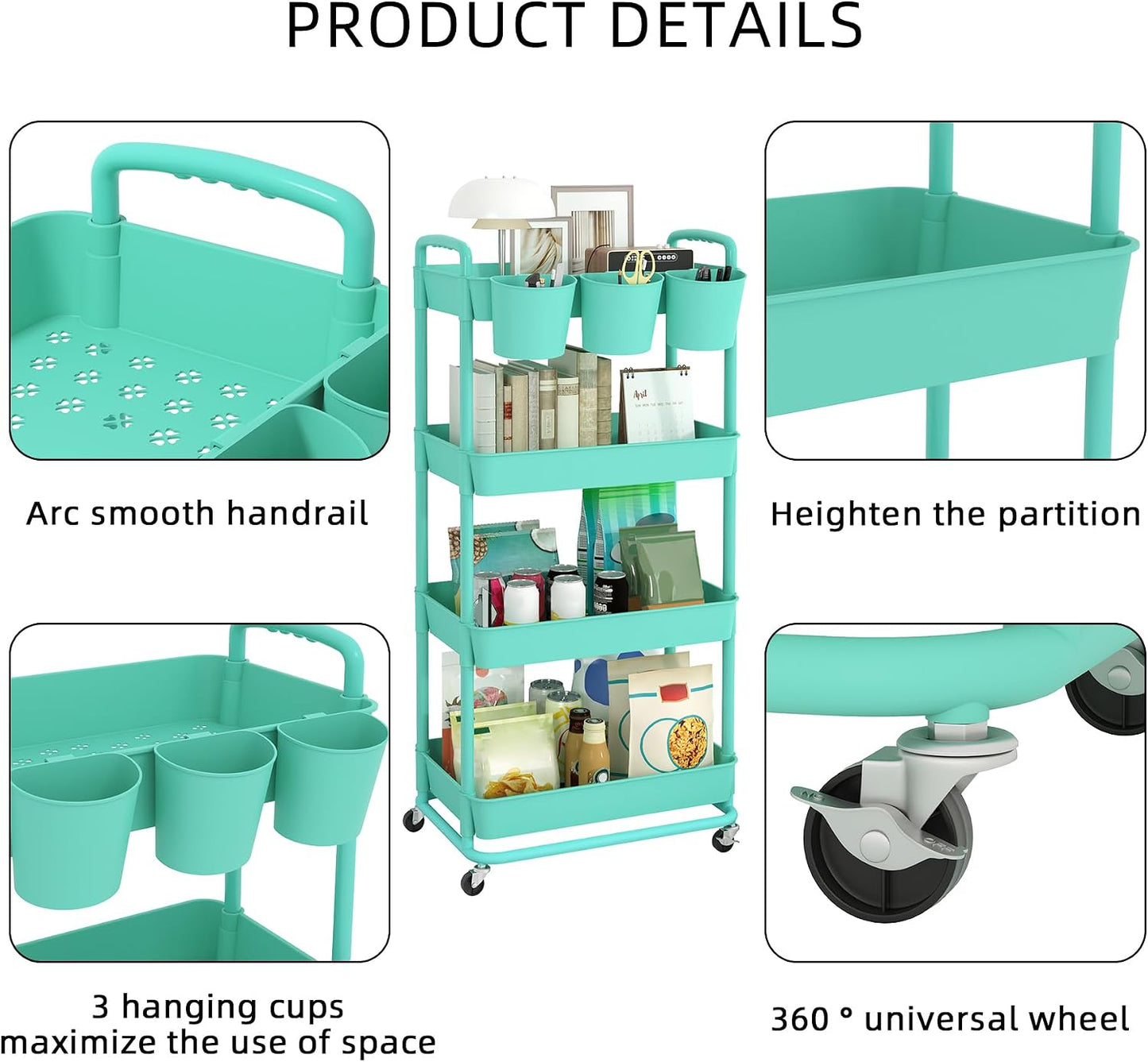 JIUYOTREE 4-Tier Plastic Rolling Storage Cart Utility Cart with Extra Hanging Cups Handles Lockable Wheels for Living Room Bathroom Kitchen Office White