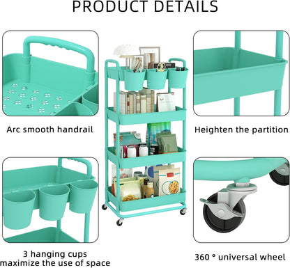 JIUYOTREE 4-Tier Plastic Rolling Storage Cart Utility Cart with Extra Hanging Cups Handles Lockable Wheels for Living Room Bathroom Kitchen Office White