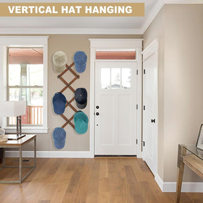 WGFKVAS 2 Pack Accordion Hat Rack for Wall - Expandable Coat Rack & Wall Mounted Hat Holder - Wooden Wall Hanger with 10 Peg Hooks for Coats, Baseball Caps, Keys & Mugs