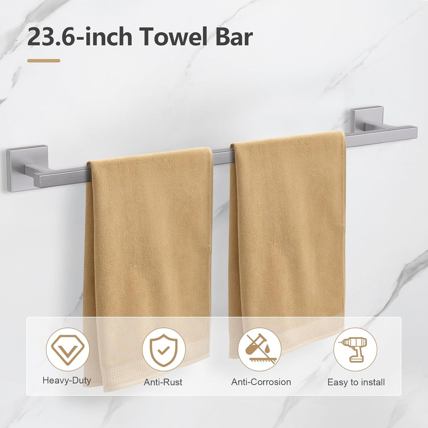 TQKAG Brushed Gold Bathroom Hardware Accessories Set 10 Pieces, 23.6" SUS304 Stainless Steel Towel Bar Set Wall Mounted Includes Single Towel Bar, Towel Ring, Toilet Paper Holder, Double Towel Hooks