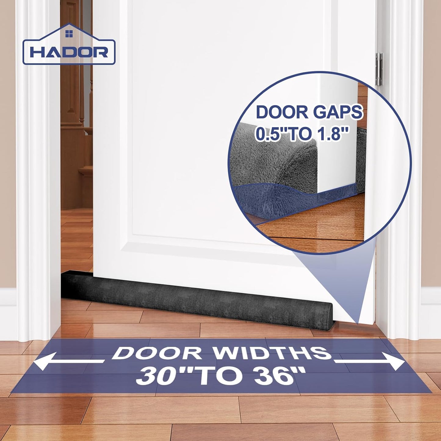 HADOR Door Draft Stopper for Bottom of Door, 36 Inch Under Draft Air Noise Light Blocker 30"- 36" Double Side Triangle Soundproof Sweep Filler Seal Gap up to 1.7" for Patio Sliding Door Guard, Grey