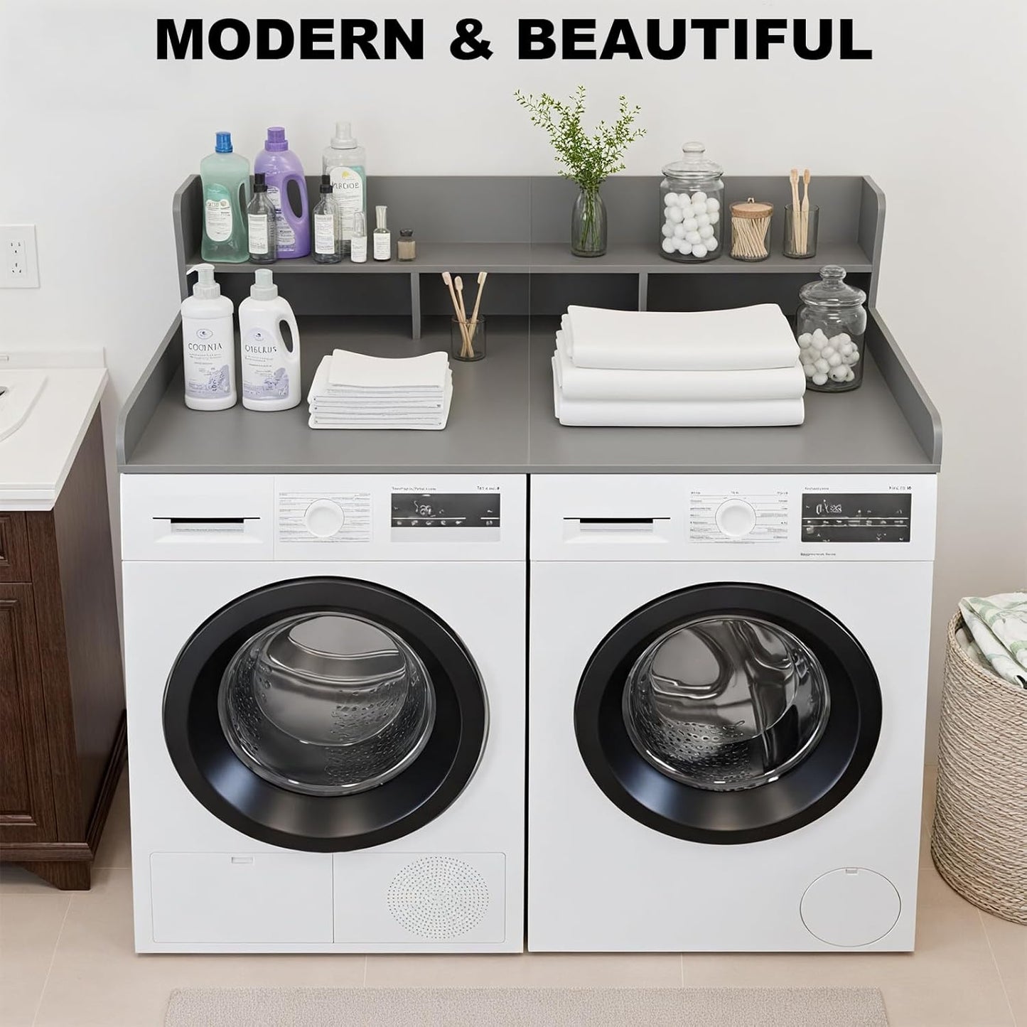 Washer Dryer Countertop with Shelf, 2-Tier Laundry Countertop Over Washer and Dryer, 54" x 27.55" Wooden Table for Folding Clothes for Laundry Room Organization and Storage (Black)