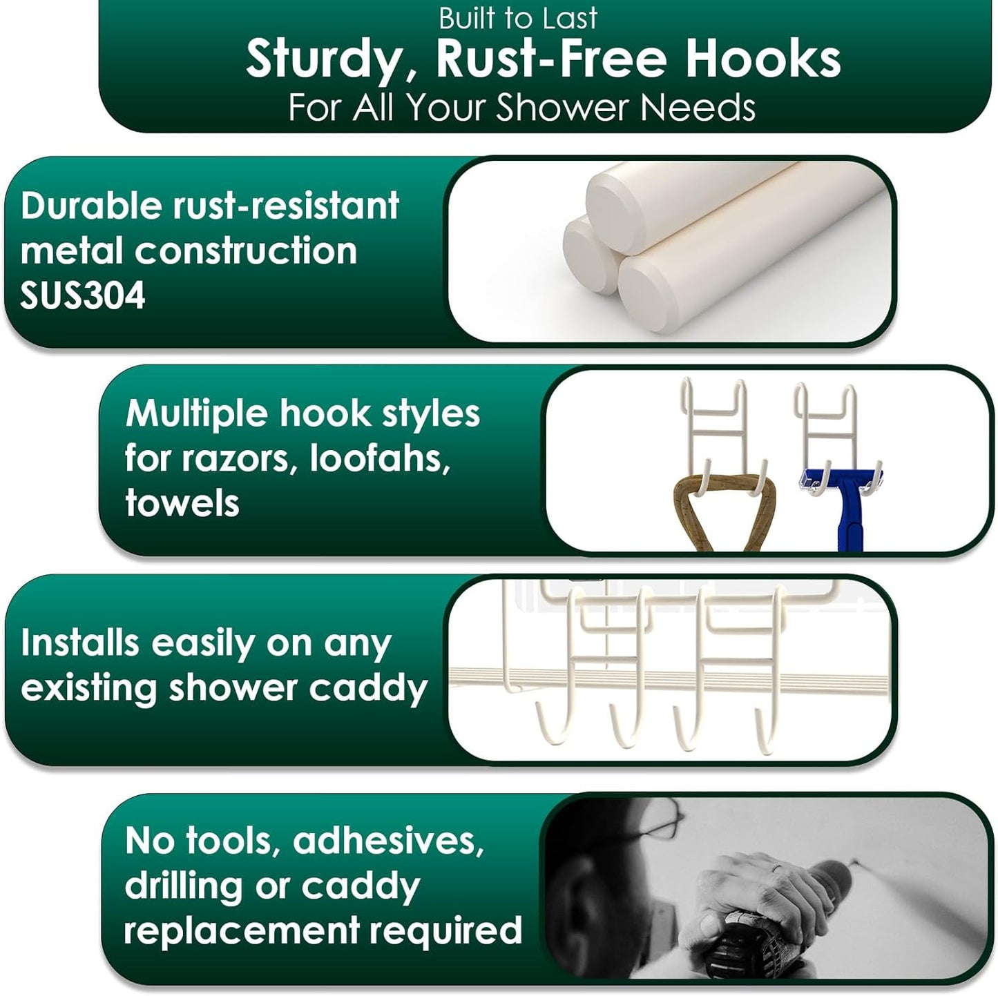 White Shower Caddy - 2 Pack Open Shelf Hooks for Loofah, Razor and More