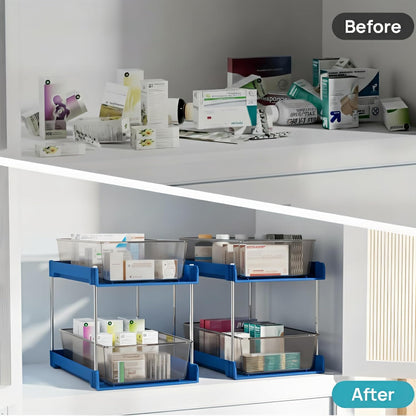 2 Pack Bathroom Organizer,2 Tier Blue Under Sink Organizers Vanity Countertop Storage Container,Cabinet Drawers Bins, Pull-Out Organization with Track for Pantry, Kitchen