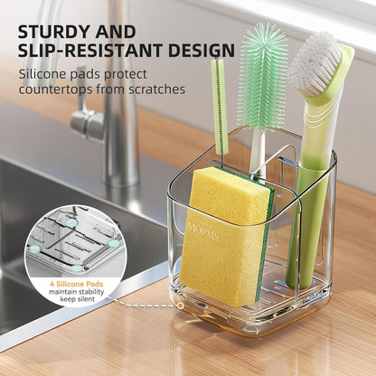 Minimalist Sponge Holder for Kitchen Sink, 3 Slots Sink Caddy with Removable Divider and Drip Tray, Clear PET Countertop Organizer to Free up Kitchen Sink Space