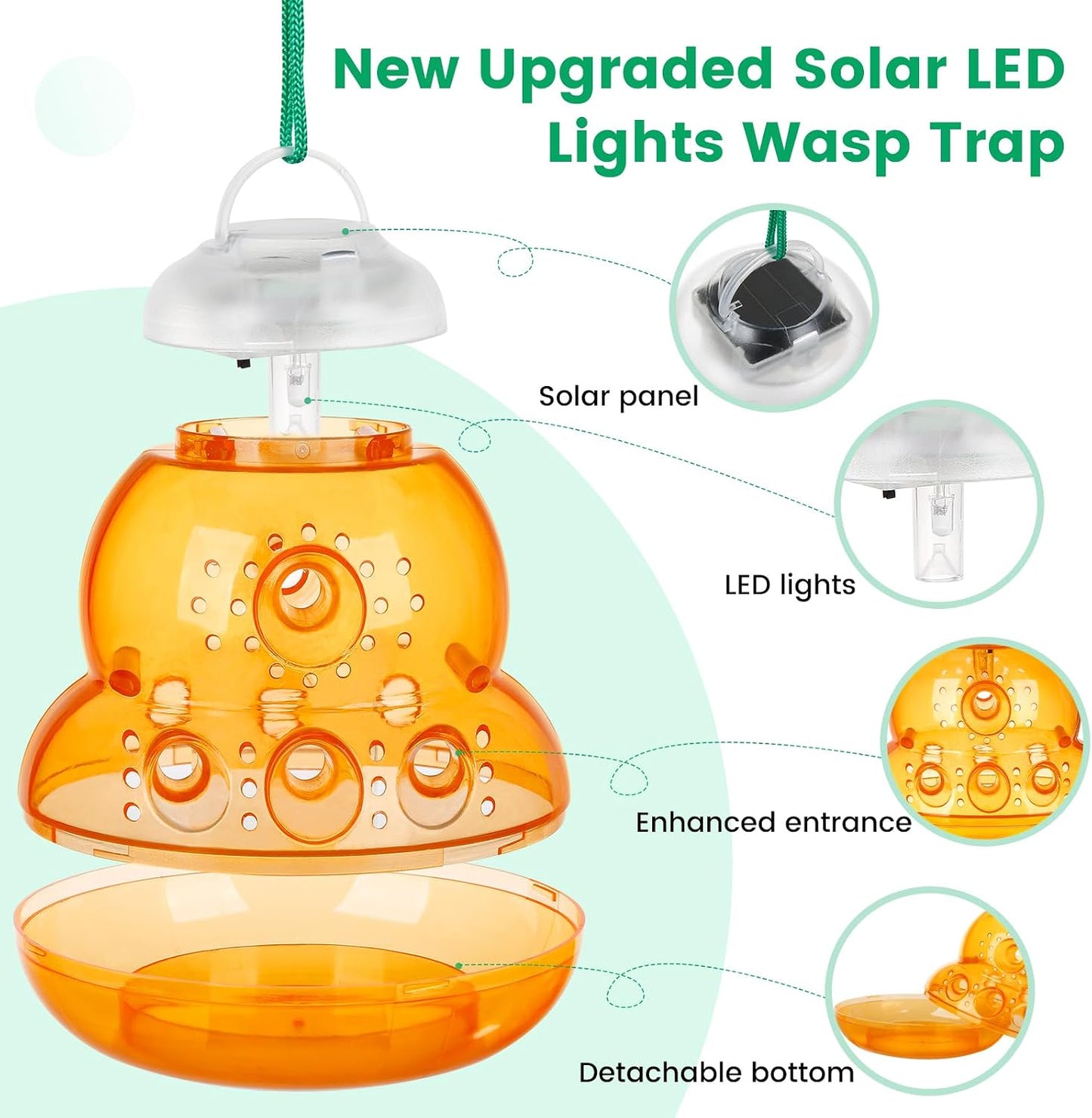 Solar Wasp Trap with Blue LED Light, Non-Toxic Reusable Hornet & Yellow Jacket Catcher, Outdoor Hanging Wasp Killer, 2 Pack - Amber