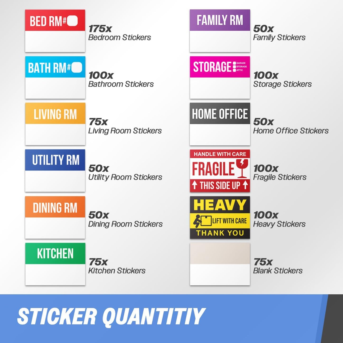 Moving Labels (3 x 2 inch, 300 per Pack) Ideal for 1-2 Bedroom Homes - 10x Designs of Color-Coded Moving Stickers w/Write-in Area, Fragile, Heavy & Blank Labels