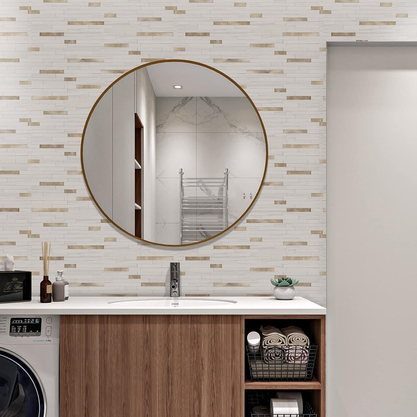 STICKGOO 20 Sheets Peel and Stick Backsplash Tile, Stick on Backsplash for Kitchen and Bathroom, White Sandstone Look PVC Mixed Metal Gold Self Adhesive Wall Tiles