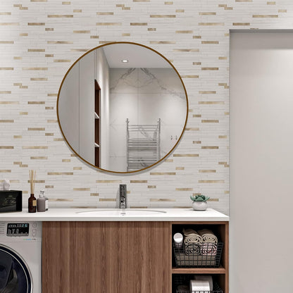 STICKGOO 20 Sheets Peel and Stick Backsplash Tile, Stick on Backsplash for Kitchen and Bathroom, White Sandstone Look PVC Mixed Metal Gold Self Adhesive Wall Tiles