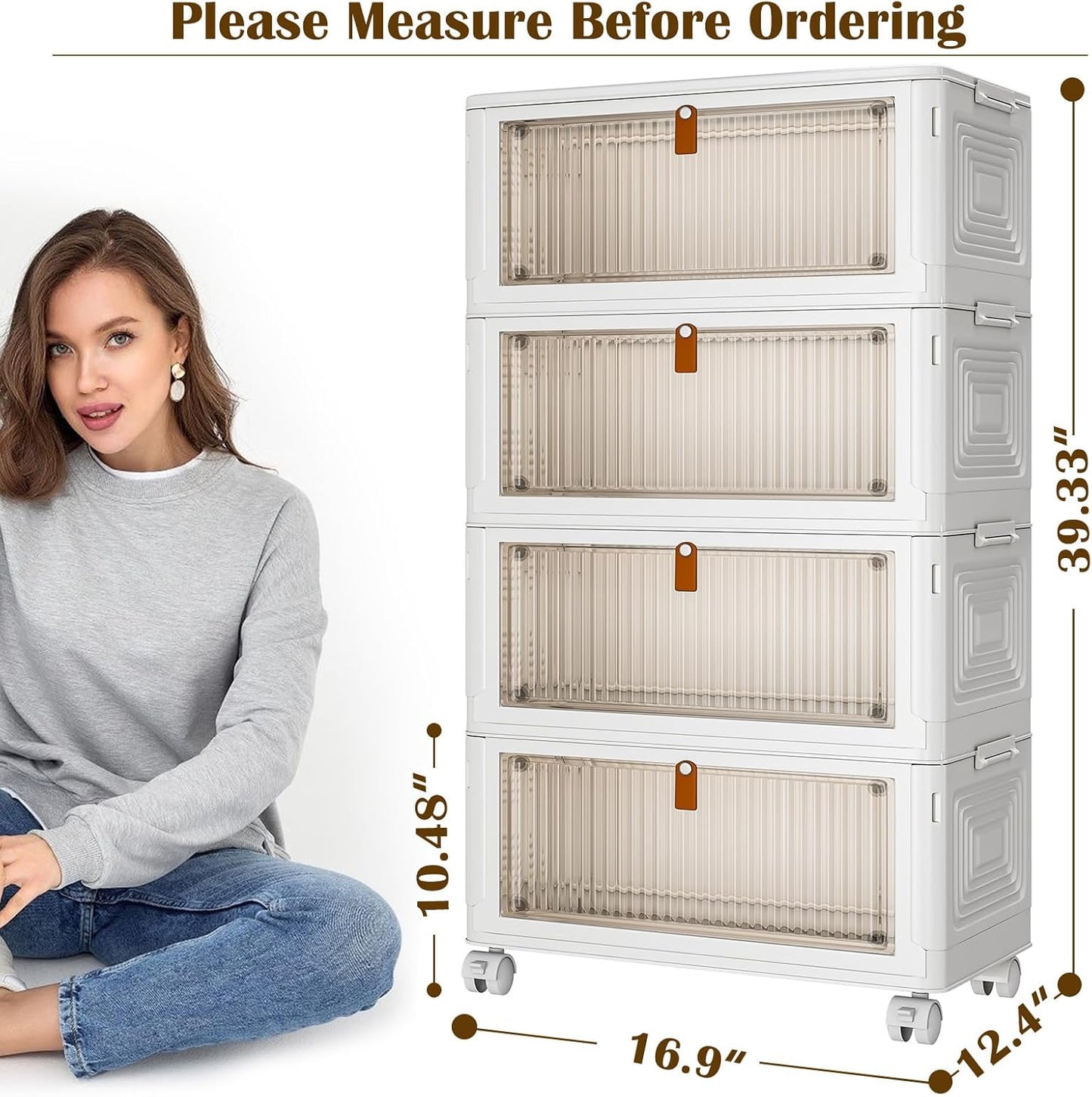 YFXCVSL 4 Tier Plastic Storage Bins with Lid 23QT, Stackable Storage Containers with Wheels, Folding Storage Boxes, Stackable Storage Bins, Organizers and Storage for Living Room,Office,Dorm
