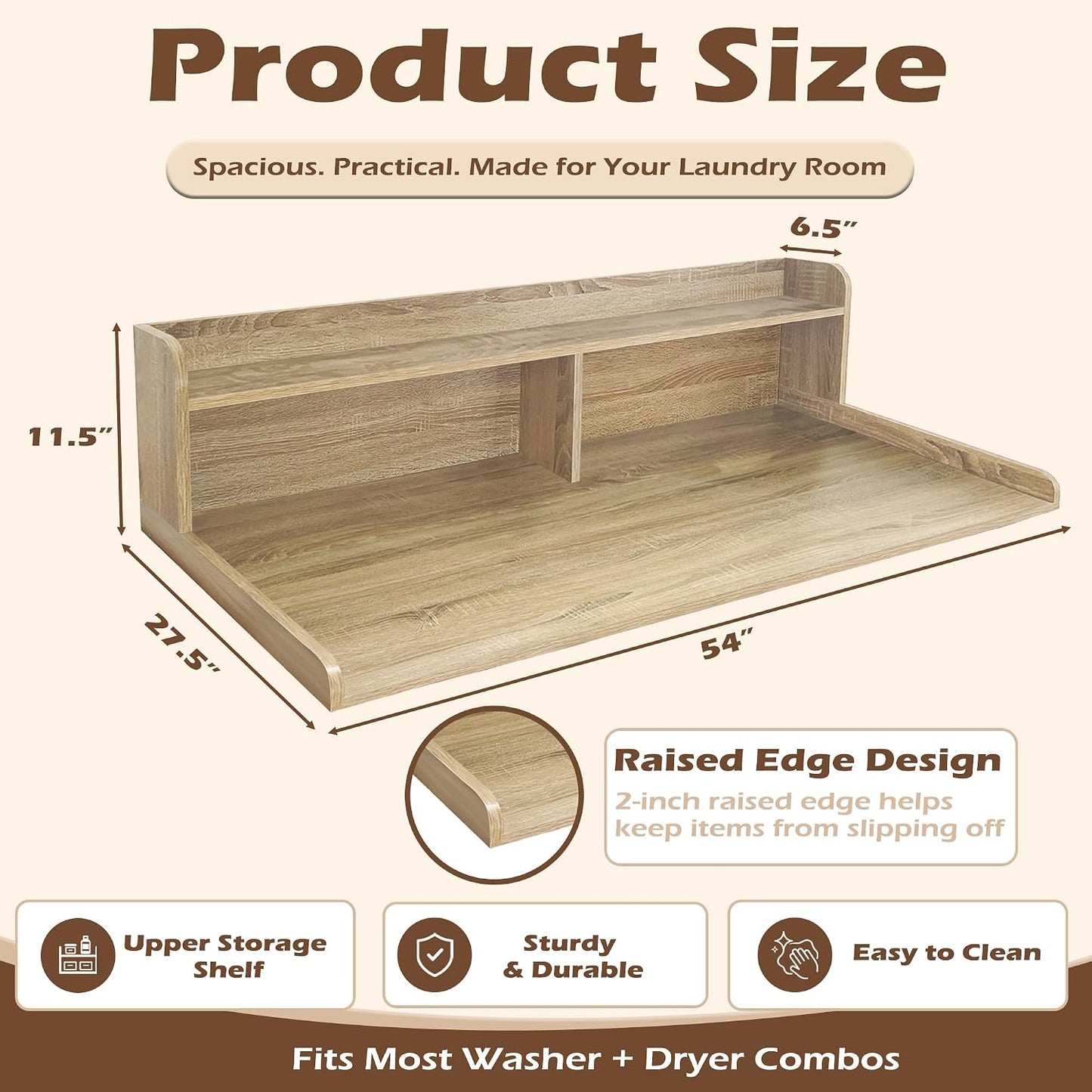 Royxen Laundry Countertop with 2-Tier Shelf Universal Fit, Washer and Dryer Countertop with Storage Space, Shelf Height 11.5 Inches, Solid Wood Core, Oak