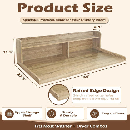 Royxen Laundry Countertop with 2-Tier Shelf Universal Fit, Washer and Dryer Countertop with Storage Space, Shelf Height 11.5 Inches, Solid Wood Core, Oak