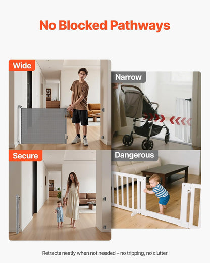 VEVOR Retractable Baby Gate, Extends to 202.7 inch Extra Wide, 39 inch Tall, with Reinforced Fiberglass Strips, Avoids Crawling Through, Mesh Dog Gate for Decks, Doorways, Garages, Indoor, Black