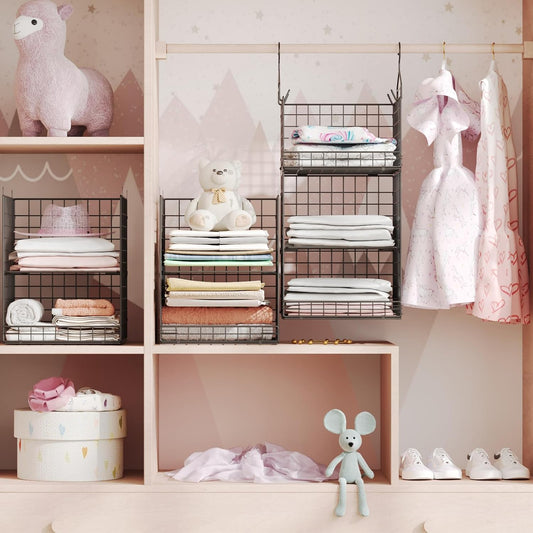 Yuyetuyo 5 Tier Closet Hanging Organizer and Storage Separable Hanging Closet Shelves with 4 Hooks 2 Adjustable Dividers, Wire Storage Basket Bins for Clothing Sweaters Socks Dolls Handbags, Foldable