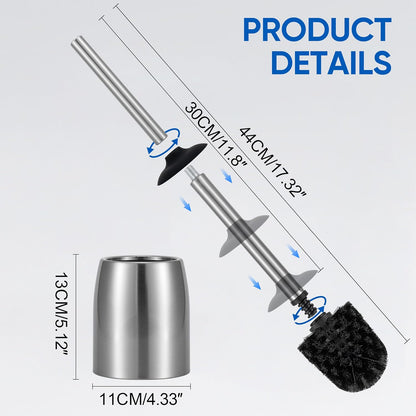 SUS304 Stainless Steel Toilet Brush and Holder Set Stain Nickle 12In Handle BristlesToilet Bowl Brush Cepillo para Baños Bathroom Brushes Cleaning Brush with Case Anti-Rust Brushed Silver