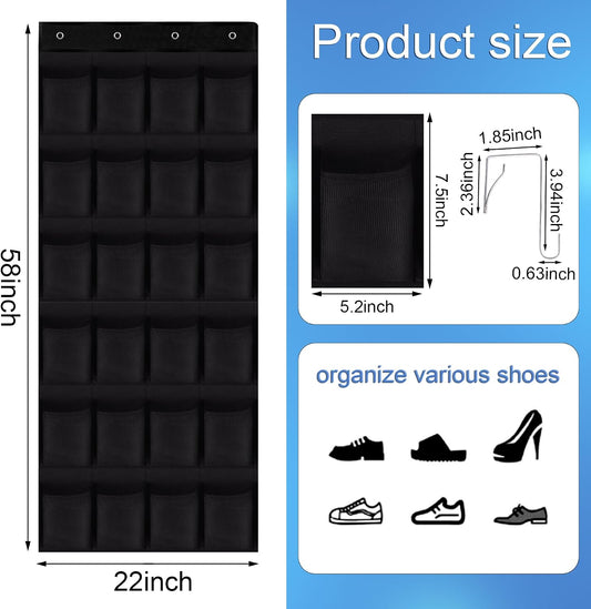 Over the Door Shoe Organizer,24 Mesh Pockets,Hanging Storage (White) | Large breathable mesh pockets for shoes, accessories,and small items,hanging storage holder for bedroom,closet,or entryway.