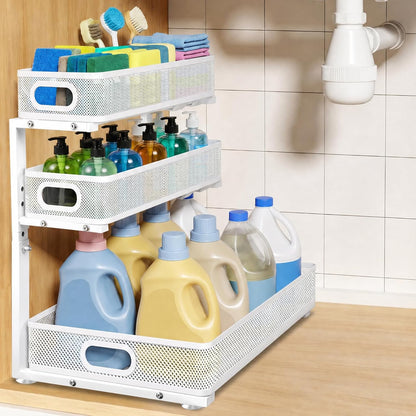 Under Sink Organizer for Bathroom, 3 Tier Adjustable Height Under Sink Storage, Sliding Pull Out Cabinet Organizer Shelf, Metal Multi-Purpose Cabinet Organizer for Kitchen (2 Pack, White)
