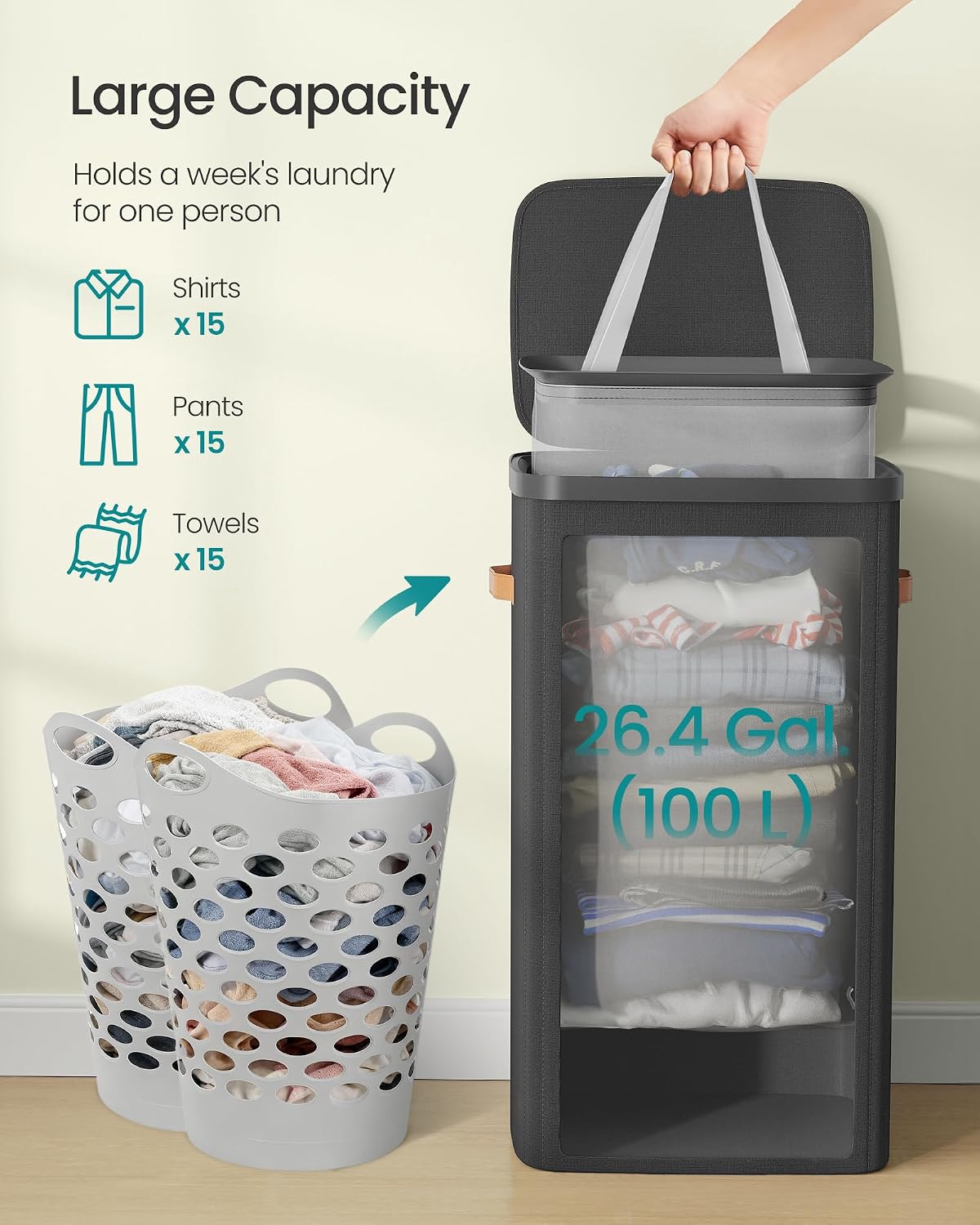 SONGMICS Laundry Basket, 50.2 Gal. Laundry Hamper, 3 Compartments, Easy Assembly, with Lid and Handles, Removable Liners, 25.2 x 15.7 x 29.5 Inches, Cappuccino Beige ULCB814LH01