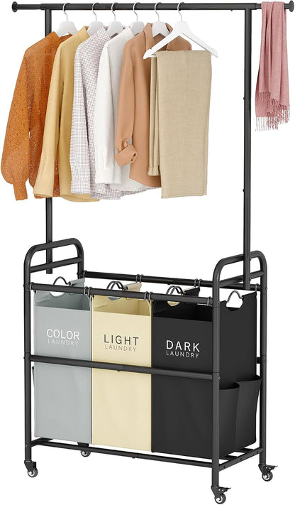 Tajsoon Laundry Hamper with Hanging Rack, 3 Section Laundry Sorter with Heavy Duty Lockable Wheels, Laundry Basket Organizer for Dirty Clothes Storage, 3 Beige