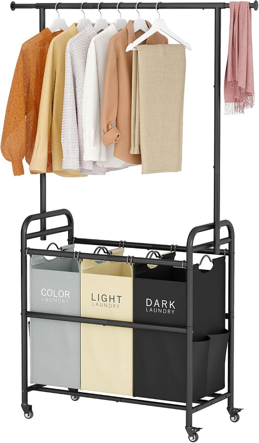 Tajsoon Laundry Hamper with Hanging Rack, 3 Section Laundry Sorter with Heavy Duty Lockable Wheels, Laundry Basket Organizer for Dirty Clothes Storage, 3 Beige