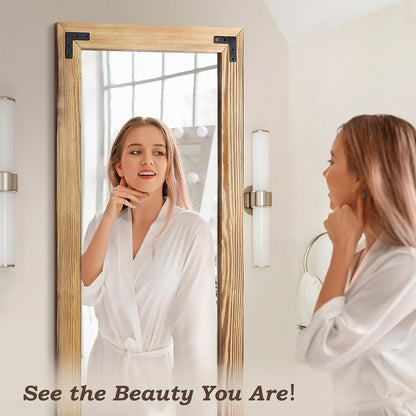 55"x22" Full Length Mirror with Wooden Frame，Natural Wooden Standing Mirror, Solid Wood Frame, Hanging or Leaning Wall-Mounted, Suit for Farmhouse, Living Room, Bedroom (Light Brown)
